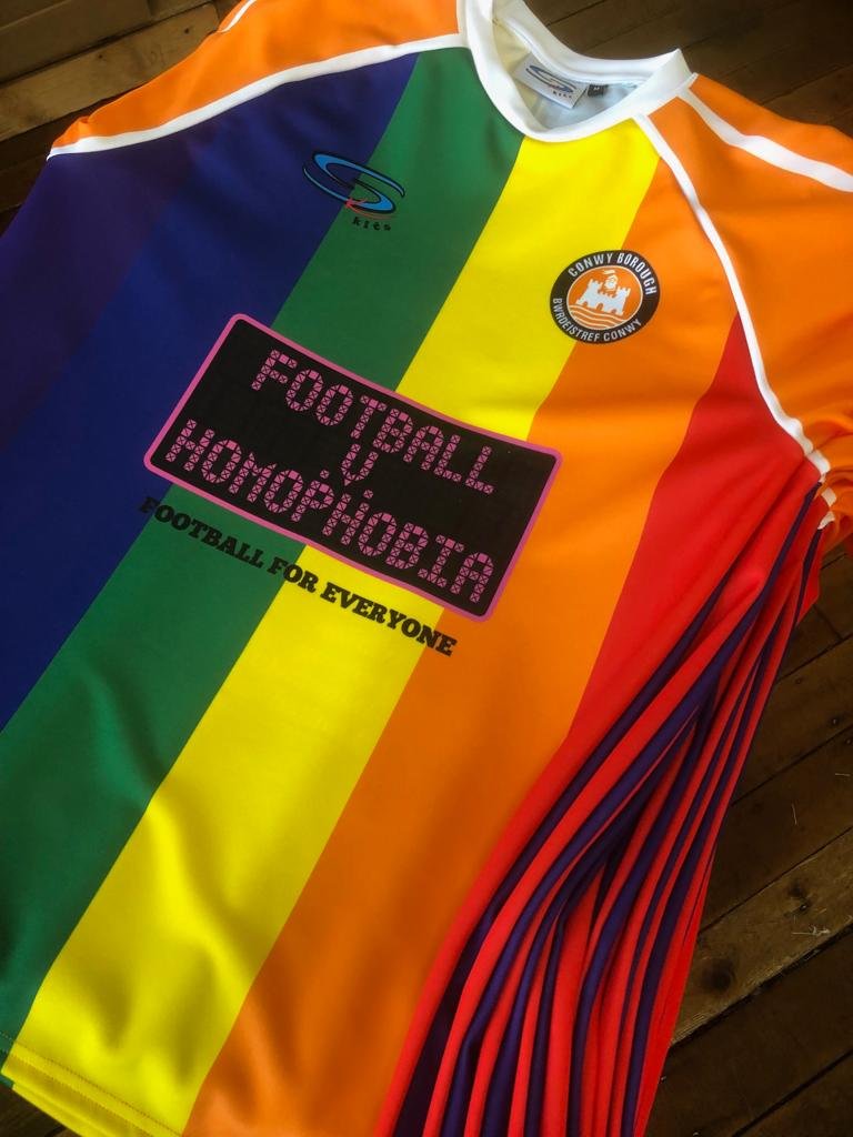 Altrincham Special football shirt 2019. Sponsored by Football v Homophobia