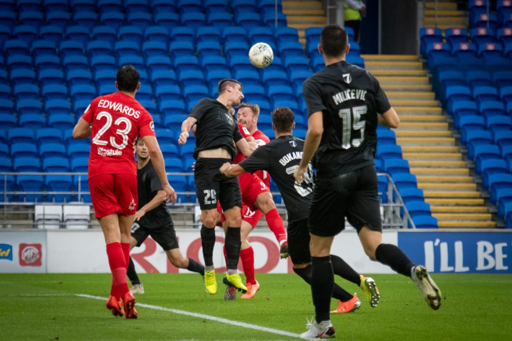 Cardiff, Wales, UK. 19th August 2020. UEFA Champions League First qualifying round match between Connah's Quay Nomads and FK Sarajevo, played at Cardiff City Stadium, Cardiff.