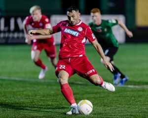 Bala's Gary Roberts takes a penalty against Aberystwyth Town