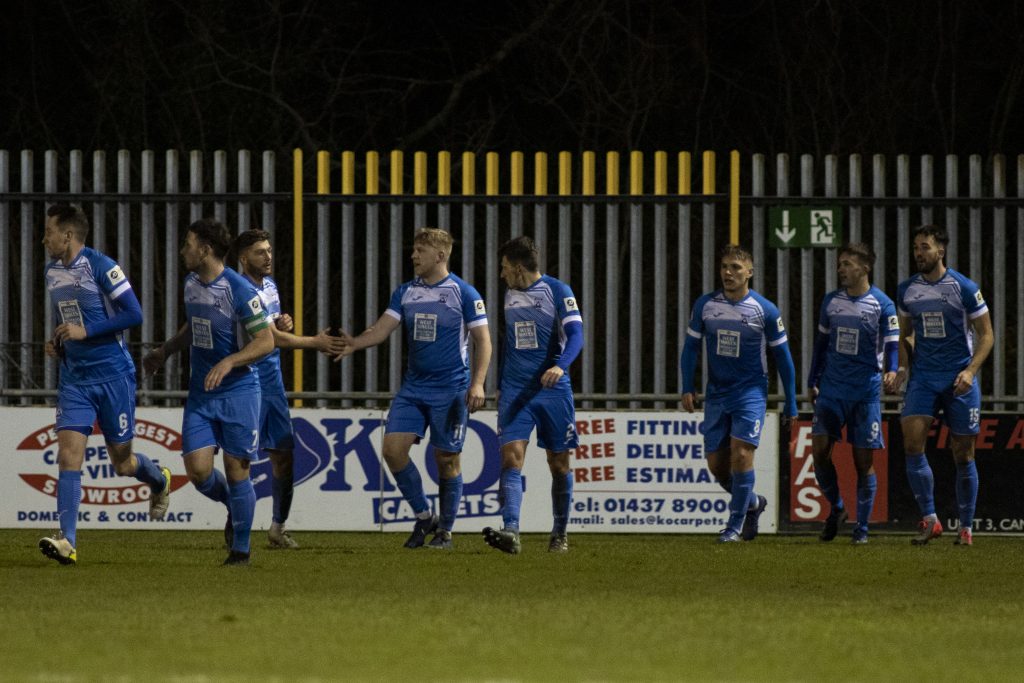 Haverfordwest celebrate a goal against Barry