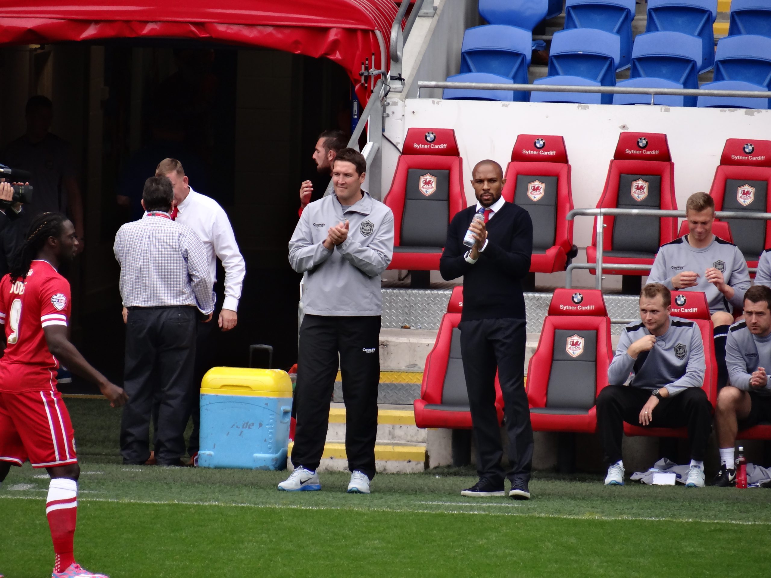 Scott Young and Danny Gabbidon in the dugout for Cardiff City