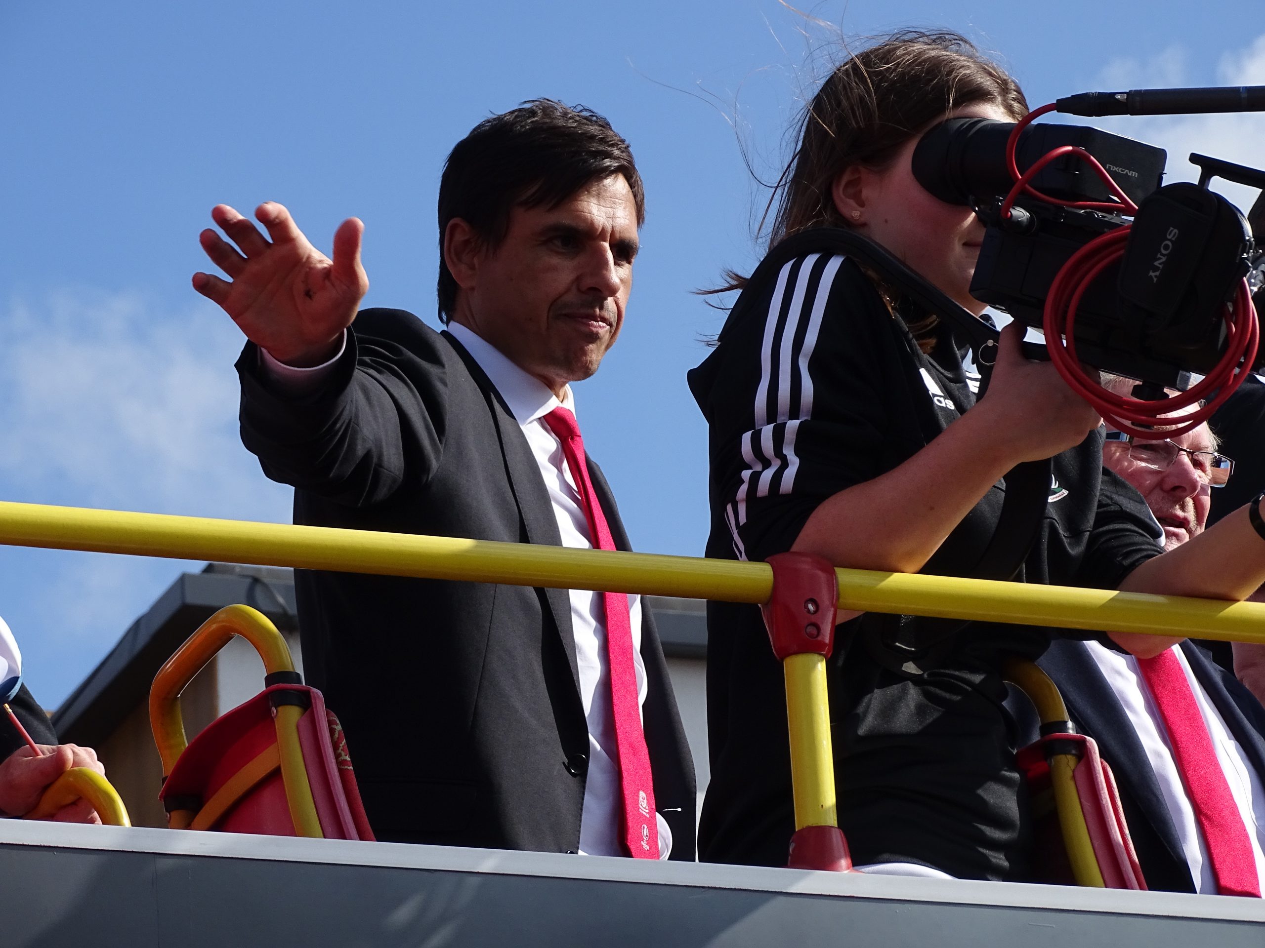 Chris Coleman on a bus during Wales' EURO 2016 parade