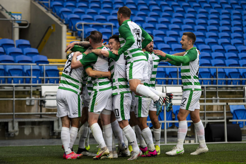 TNS celebrate scoring against Viktoria Plzen at the Cardiff City Stadium in the UEFA Conference League