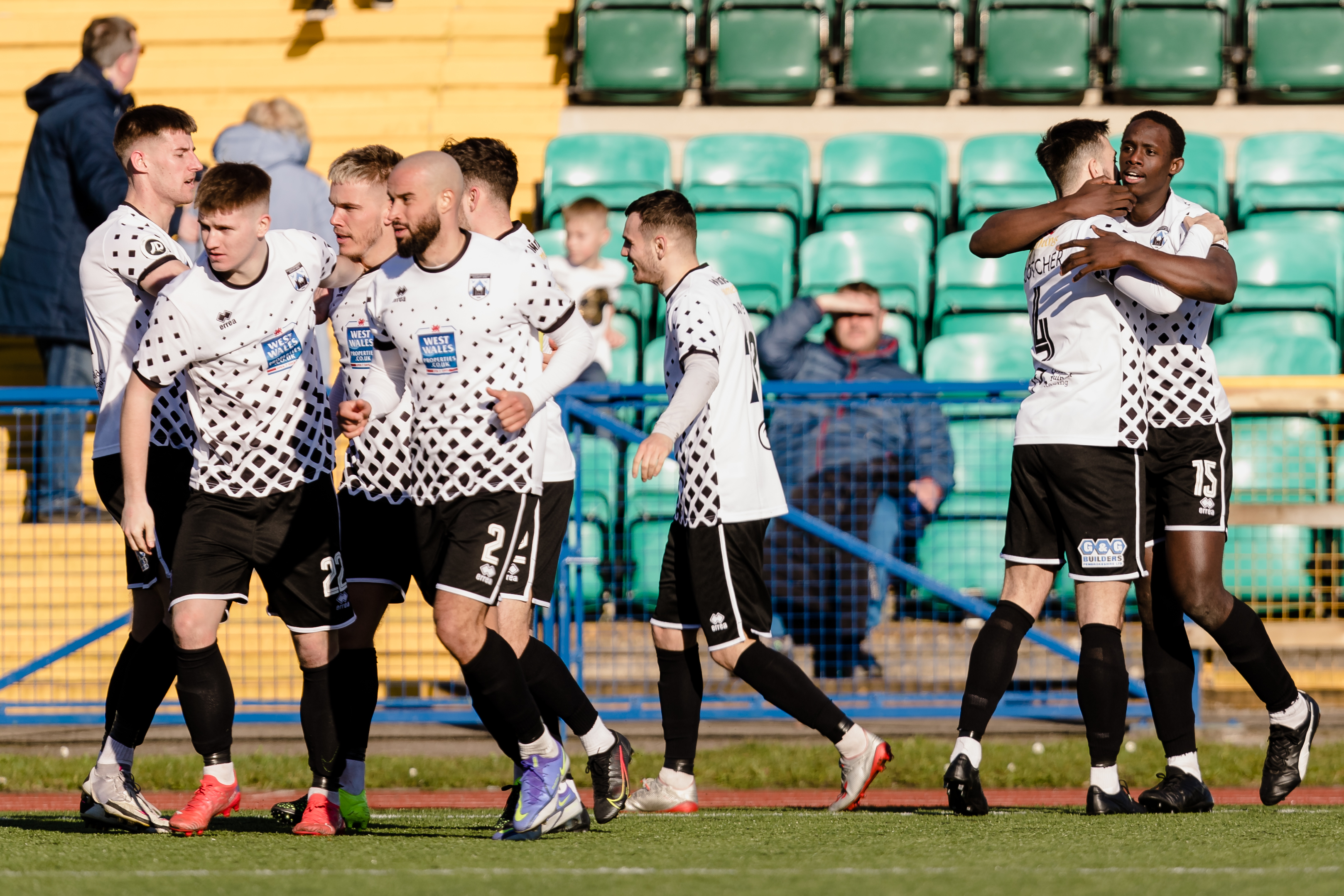 Alhagi Touray Sisay celebrates with his Haverfordwest County teammates against Barry