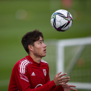 Rubin Colwill of Wales in training. Wales MD1 Training Session at The Vale Resort on the 4th June 2022 ahead of the 2022 FIFA World Cup Play Off Final against Ukraine. Credit: Lewis Mitchell