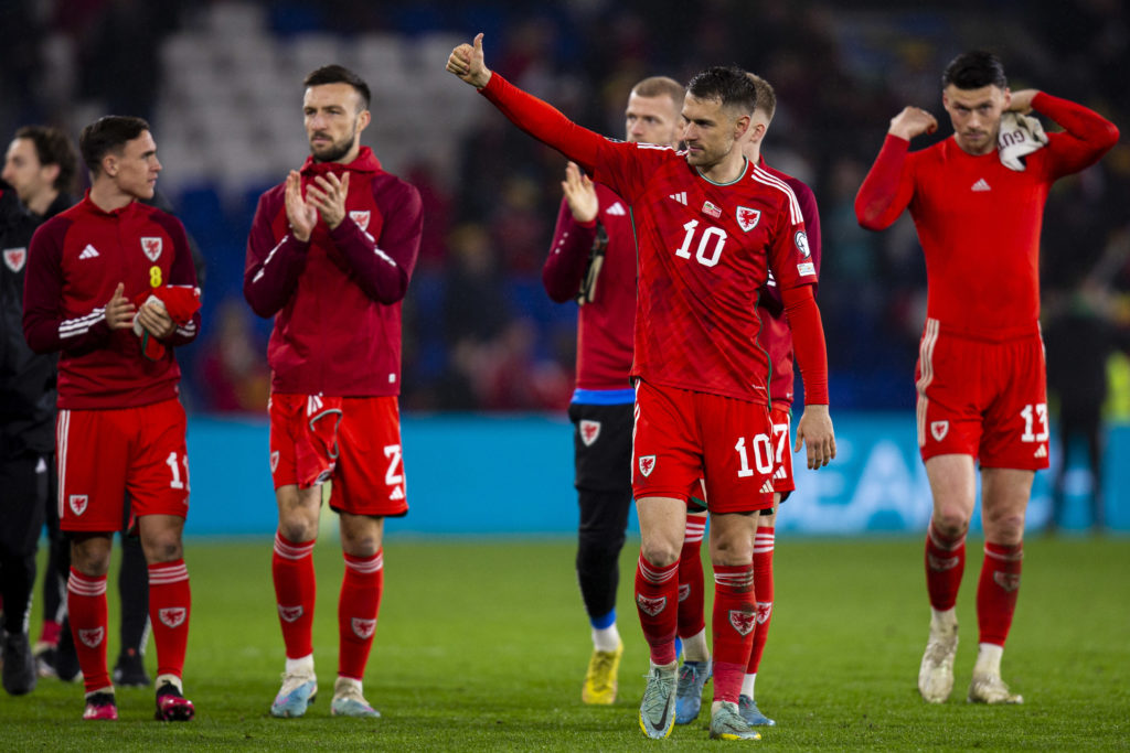 Aaron Ramsey of Wales celebrates at full time. Wales v Latvia in a UEFA EURO 2024 Qualifier at Cardiff City Stadium on the 28th March 2023.