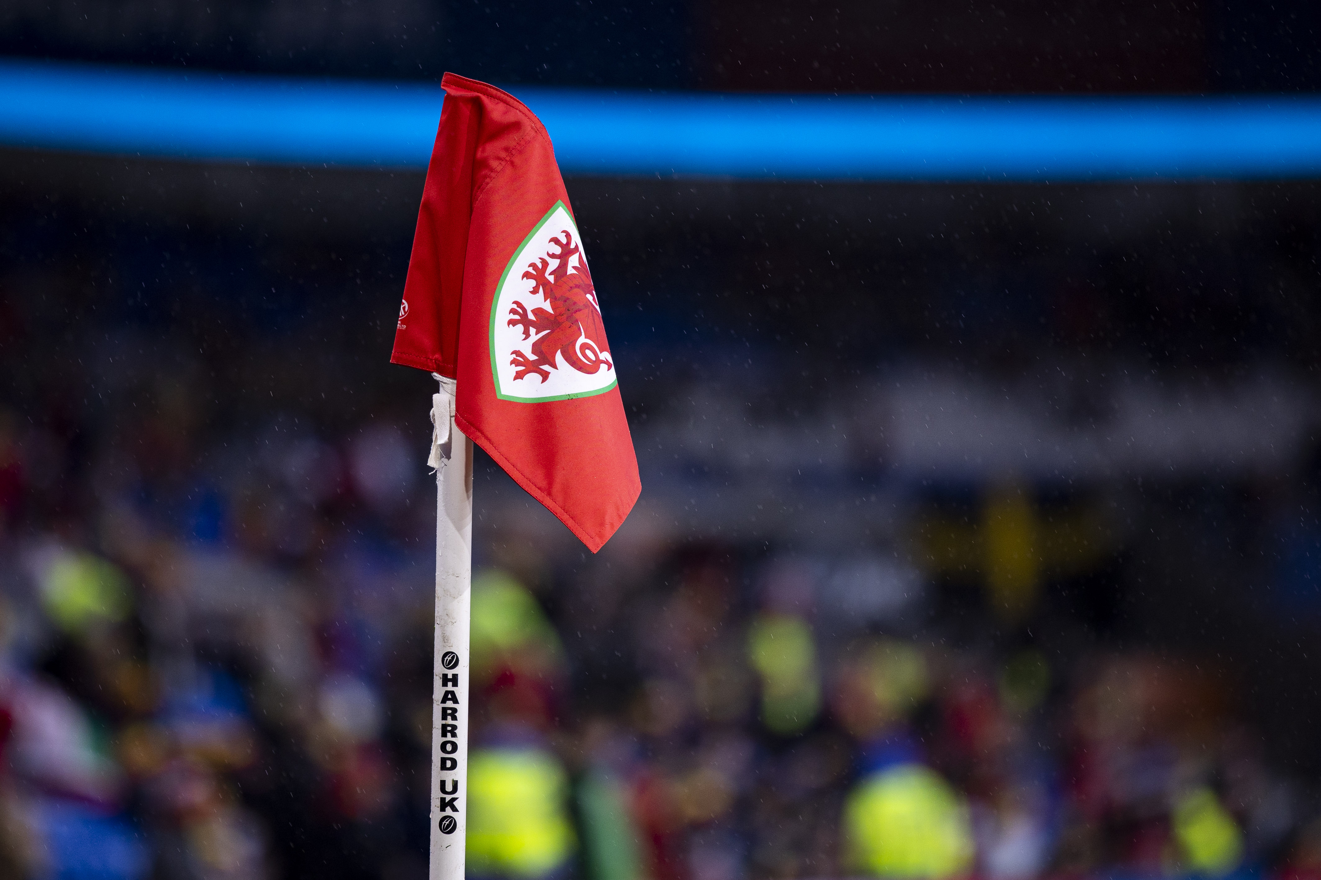 Welsh corner flag during the warm up. Wales v Latvia in a UEFA EURO 2024 Qualifier at Cardiff City Stadium on the 28th March 2023.