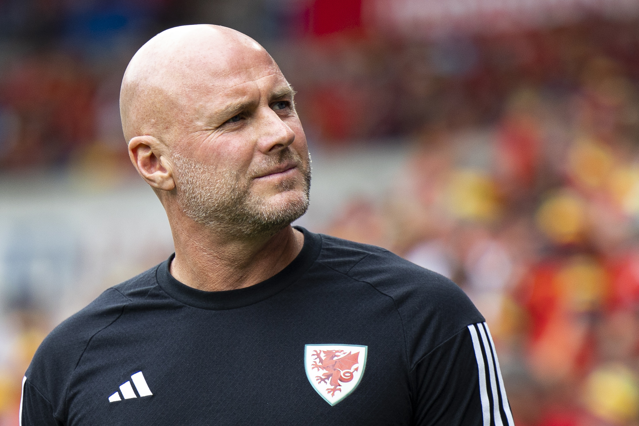 Wales manager Rob Page looks to the stage ahead of their match with Armenia