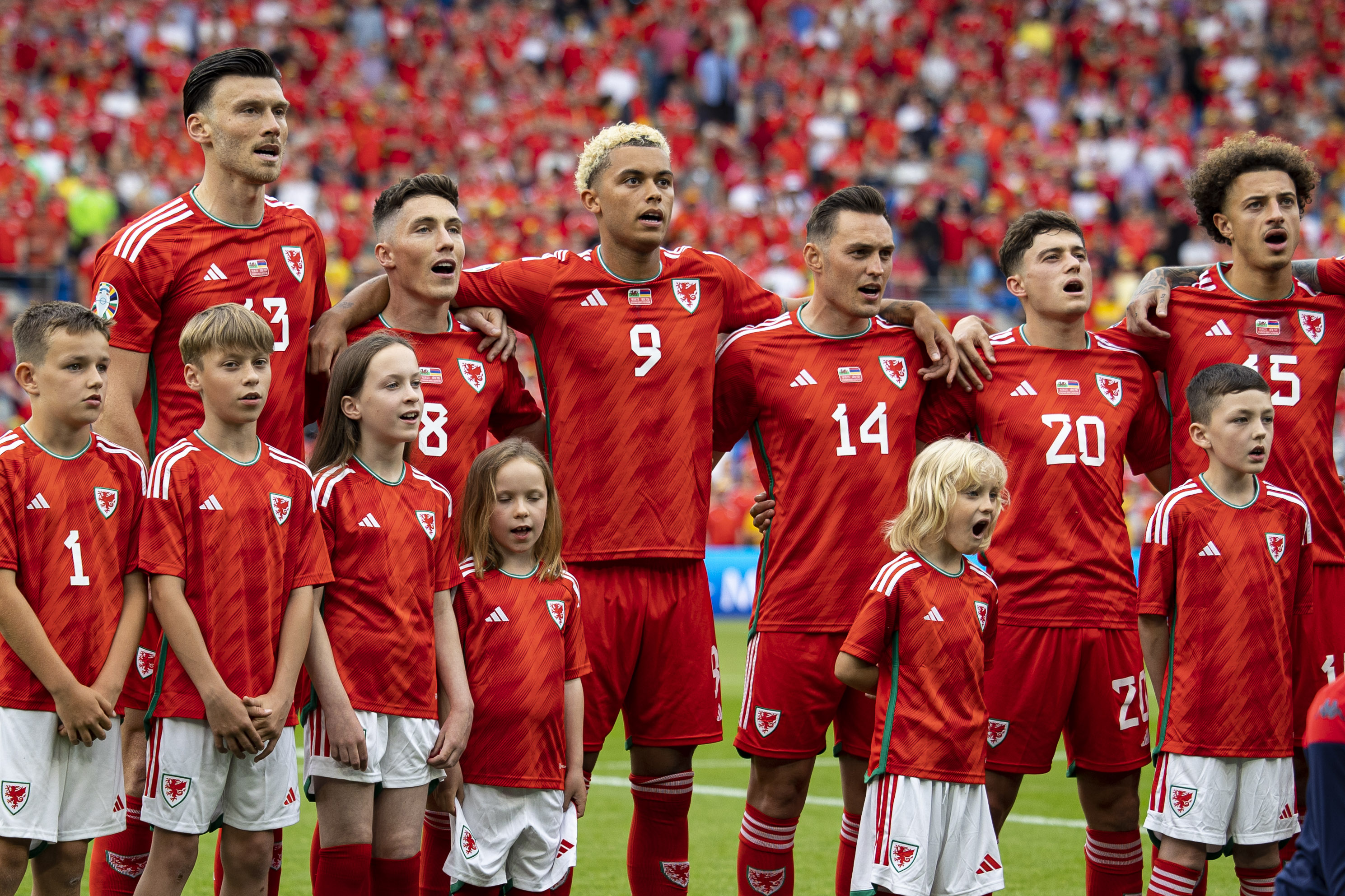 Wales players lining up for the national anthem against Armenia