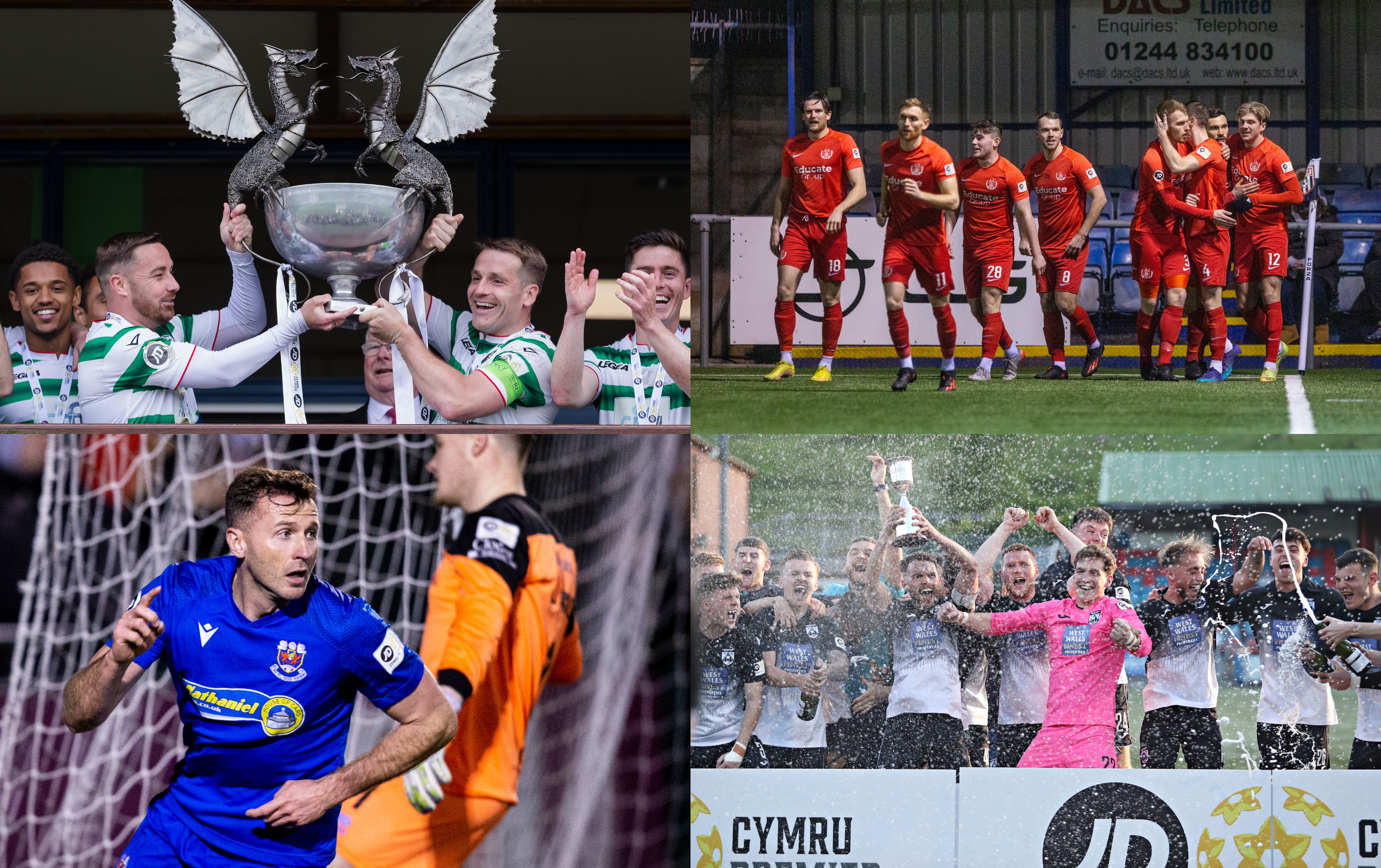 A collage of TNS holding Cymru Premier trophy, Connah's Quay celebrating, Penybont's Lewis Harling celebrating and Haverfordwest celebrating.