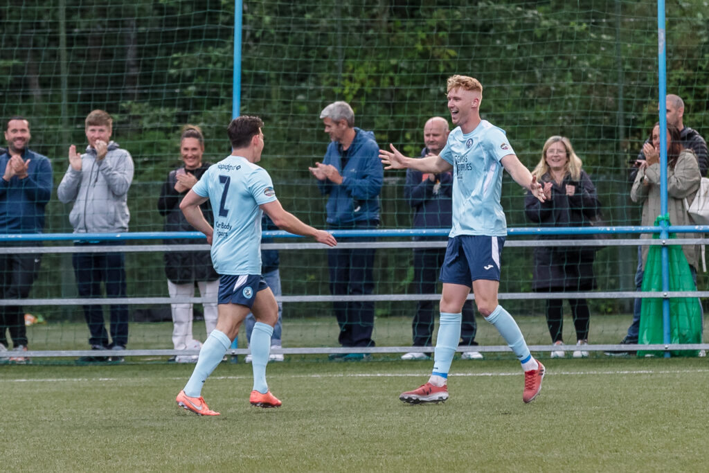 Cambrian & Clydach Vale's Tim Parker celebrates with Dan Spencer