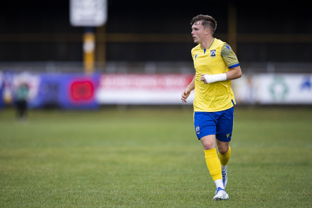 Rhys Abbruzzese in action for Haverfordwest County against Penybont