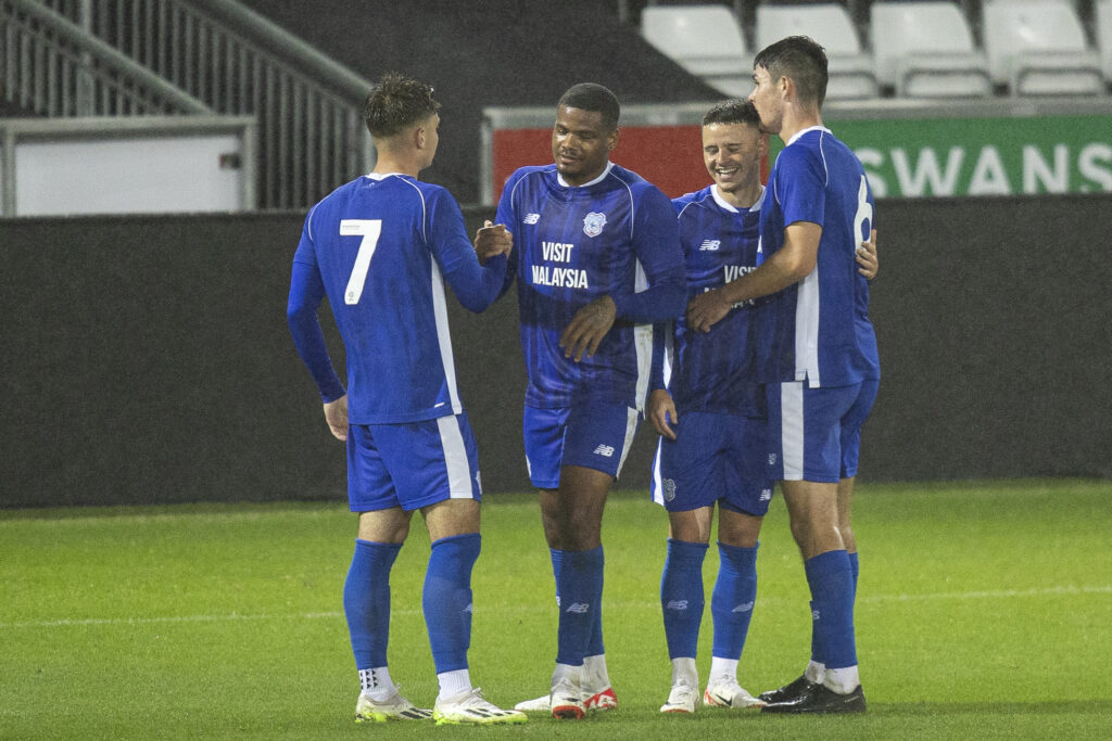 Kieron Evans celebrates his goal for Cardiff City against Swansea City.