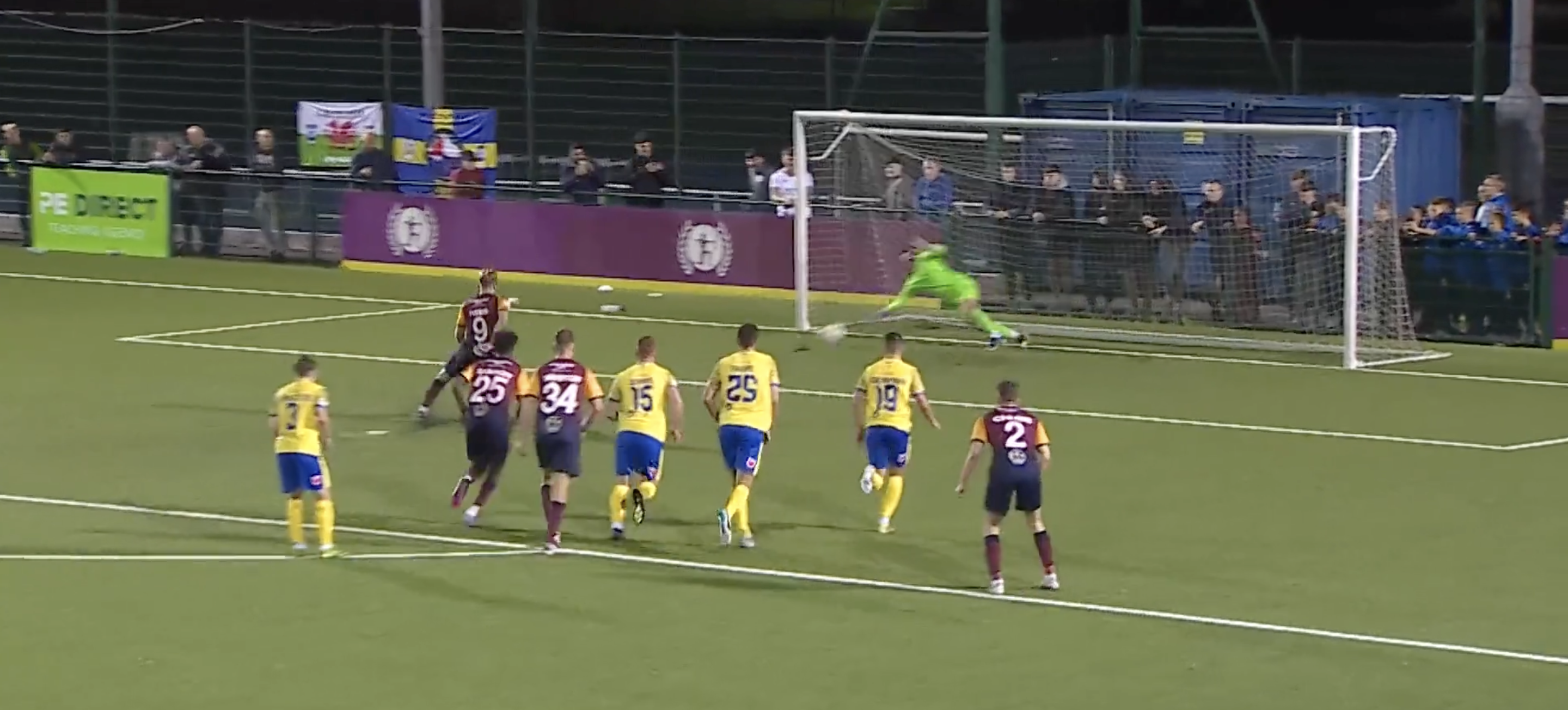 Haverfordwest County goalkeeper Ifan Knott saves a penalty against Cardiff Met.