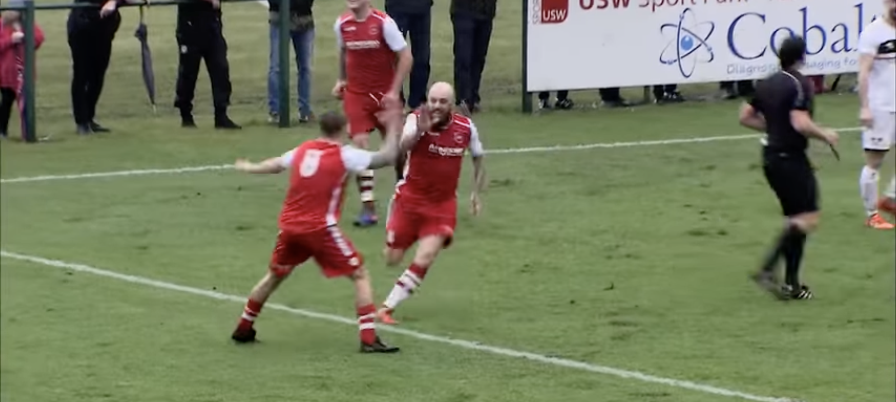 Chris Colvin celebrates scoring for Penydarren against Pontypridd.