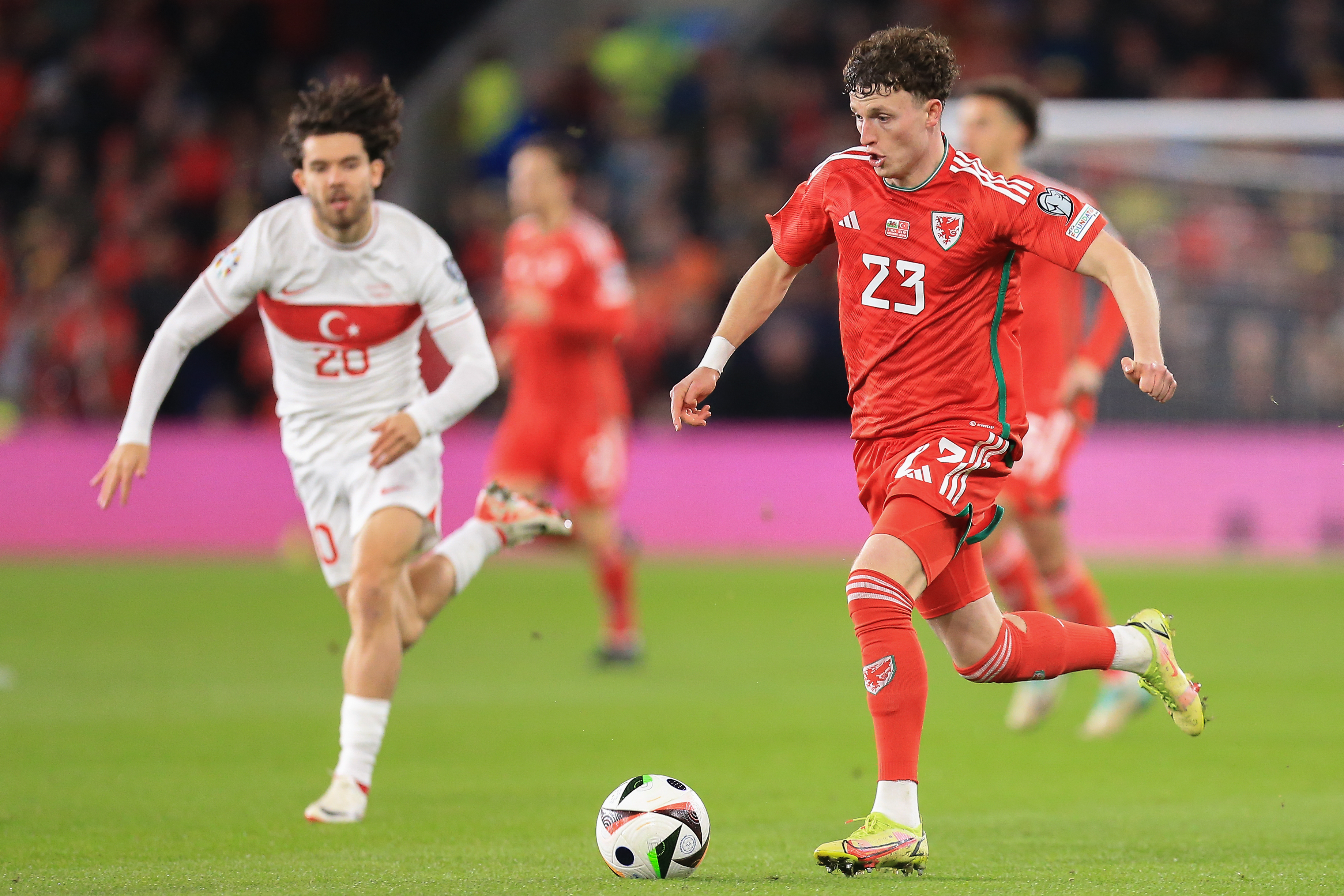 Nathan Broadhead in action for Wales against Turkey