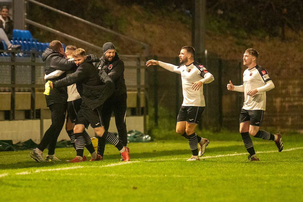 Pontypridd United celebrate their third goal against Colwyn Bay