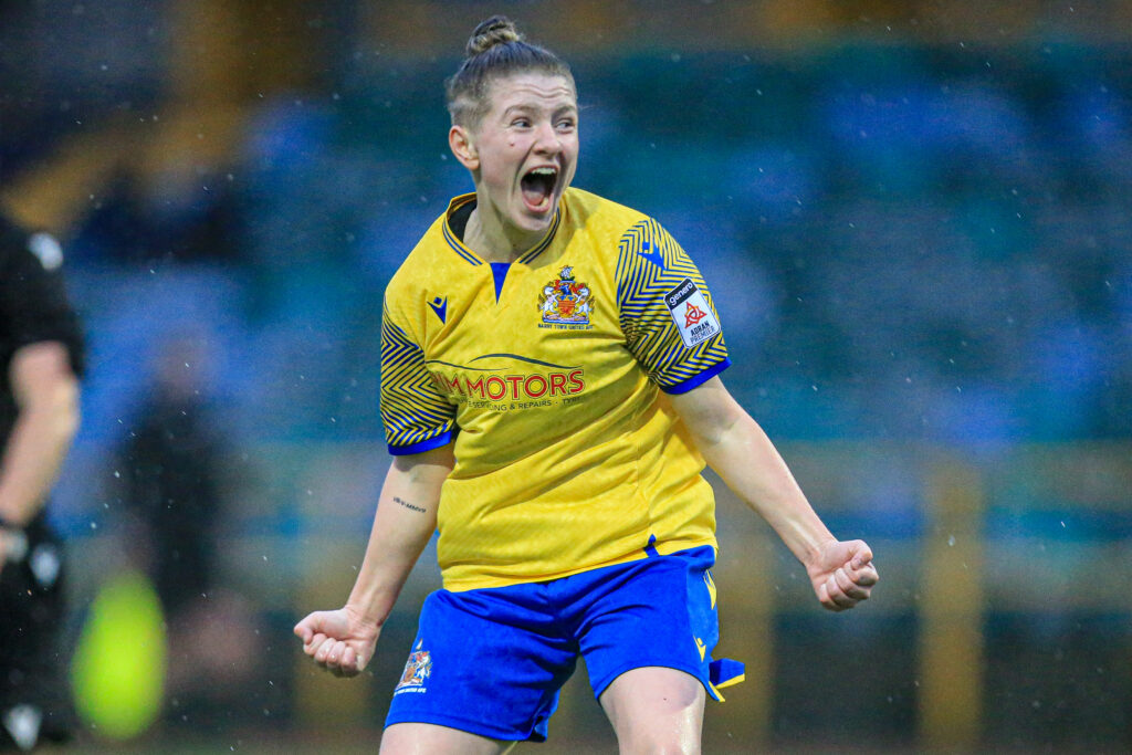 Amelia Herbert celebrates scoring for Barry Town against TNS in the Adran Premier.