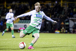 Brad Young of TNS in action. The New Saints v Swansea City u21in the Nathaniel MG Cup Final at Jenner Park on the 20th January 2024