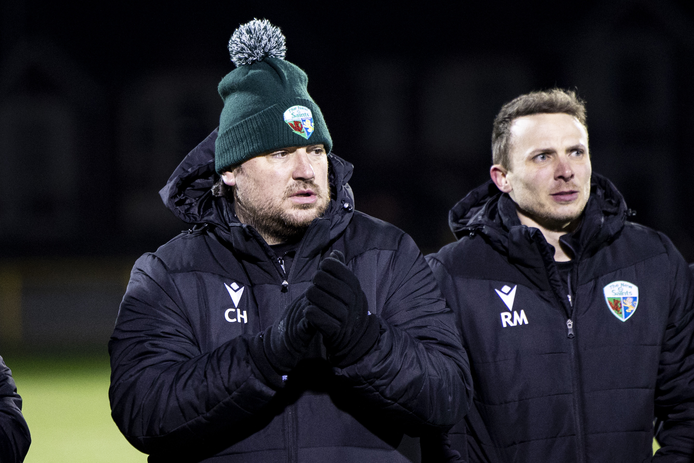 TNS manager Craig Harrison at the full time whistle at the Nathaniel MG Cup final