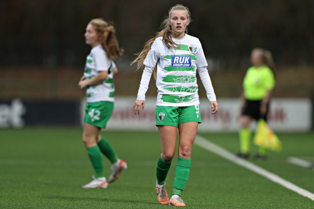 TNS striker Chantelle Teare lining up against Cardiff Met.