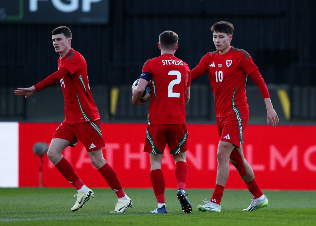 Rubin Colwill celebrates after scoring Wales first goal against Lithuania