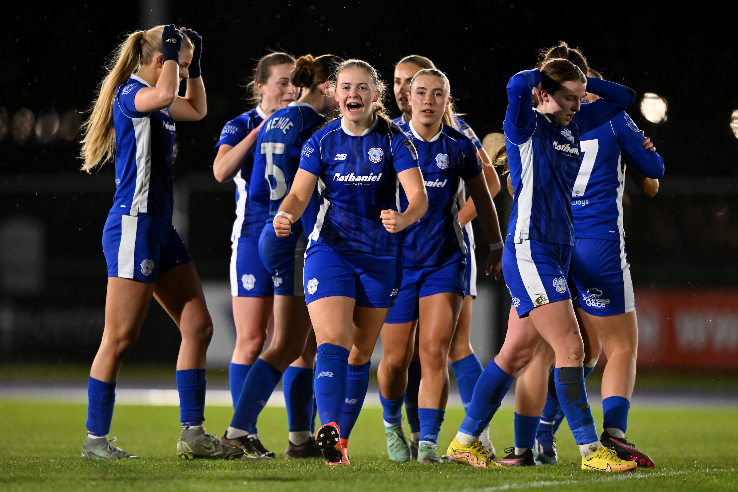 Eliza Collie of Cardiff City celebrates scoring against Swansea City.