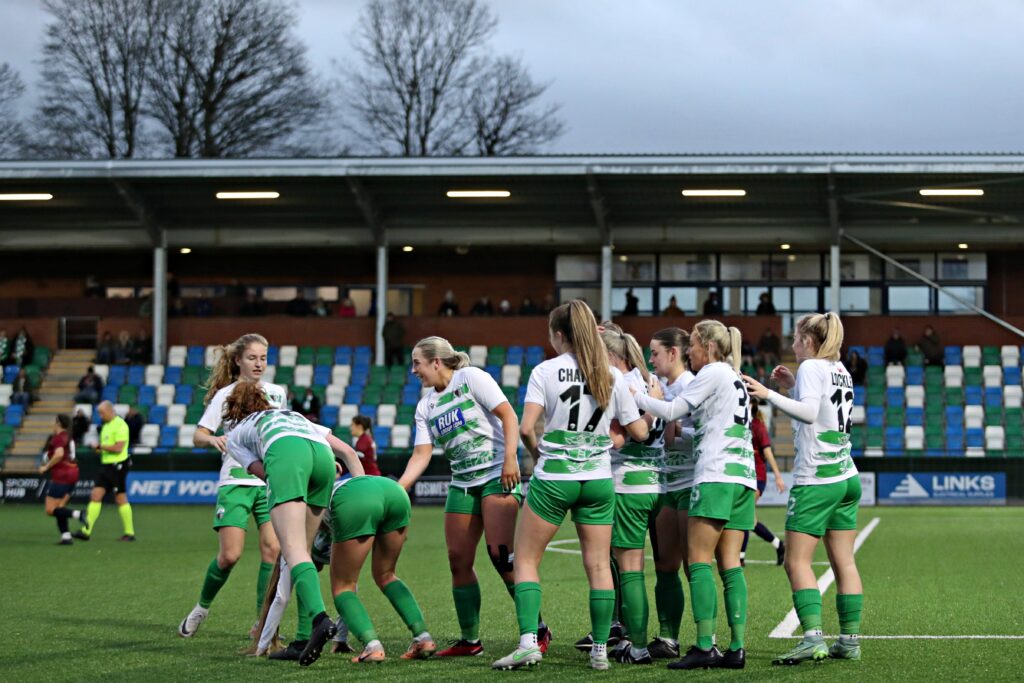 TNS celebrate scoring against Cardiff Met in the Adran Premier.