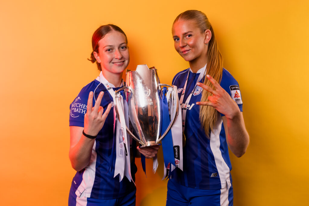 Rhianne Oakley celebrates with Cardiff City teammate Molly Kehoe 