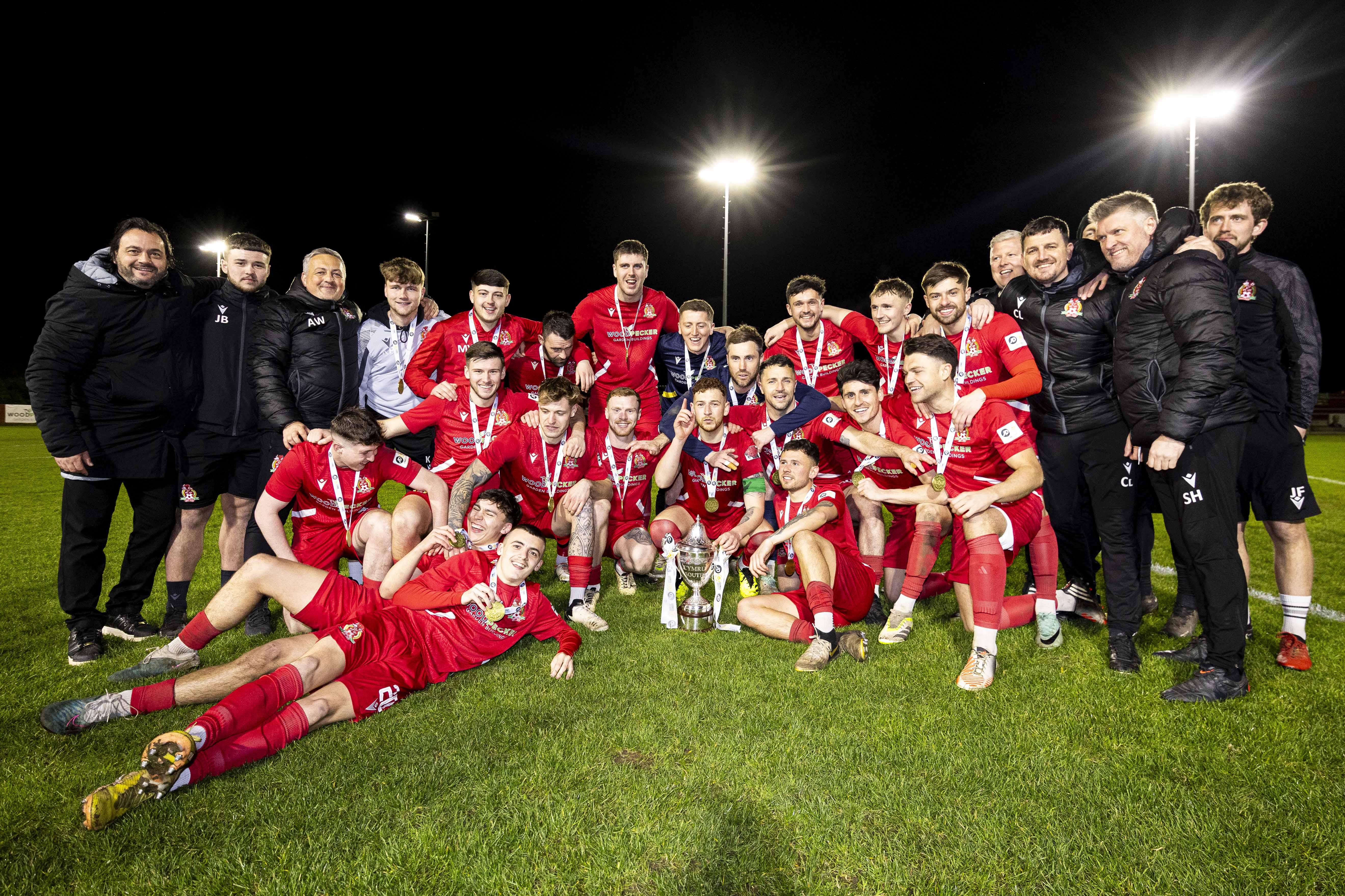 Briton Ferry's squad celebrate with the Cymru South title