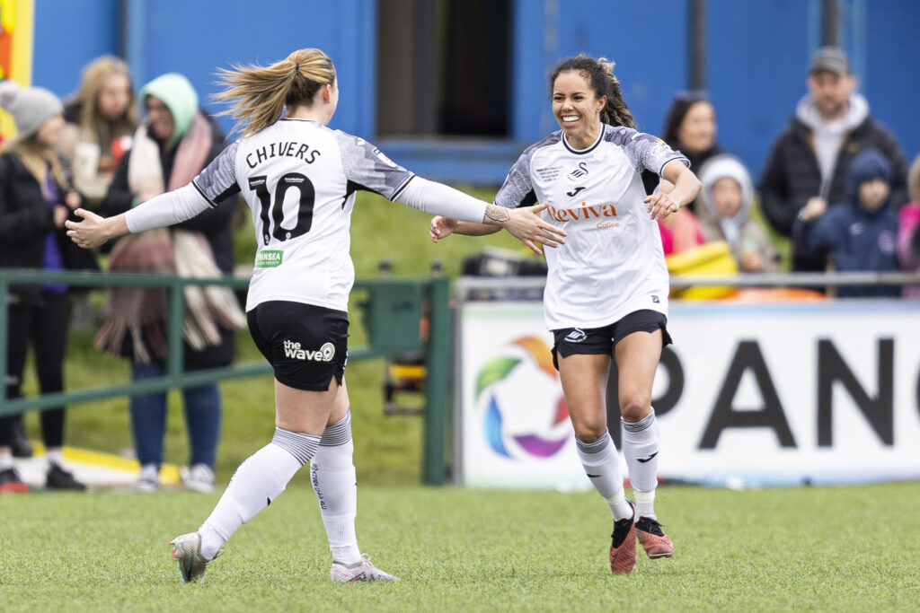 Monet Legall celebrates her goal for Swansea City against Cardiff City