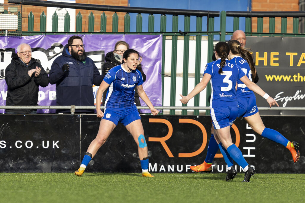 Megan Bowen celebrates scoring for Cardiff City