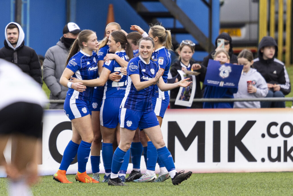 Rhianne Oakley of Cardiff City celebrates scoring her sides third goal.
Cardiff City v Swansea City in the Genero Adrian Trophy final at Bryntirion Park on the 14th April 2024.