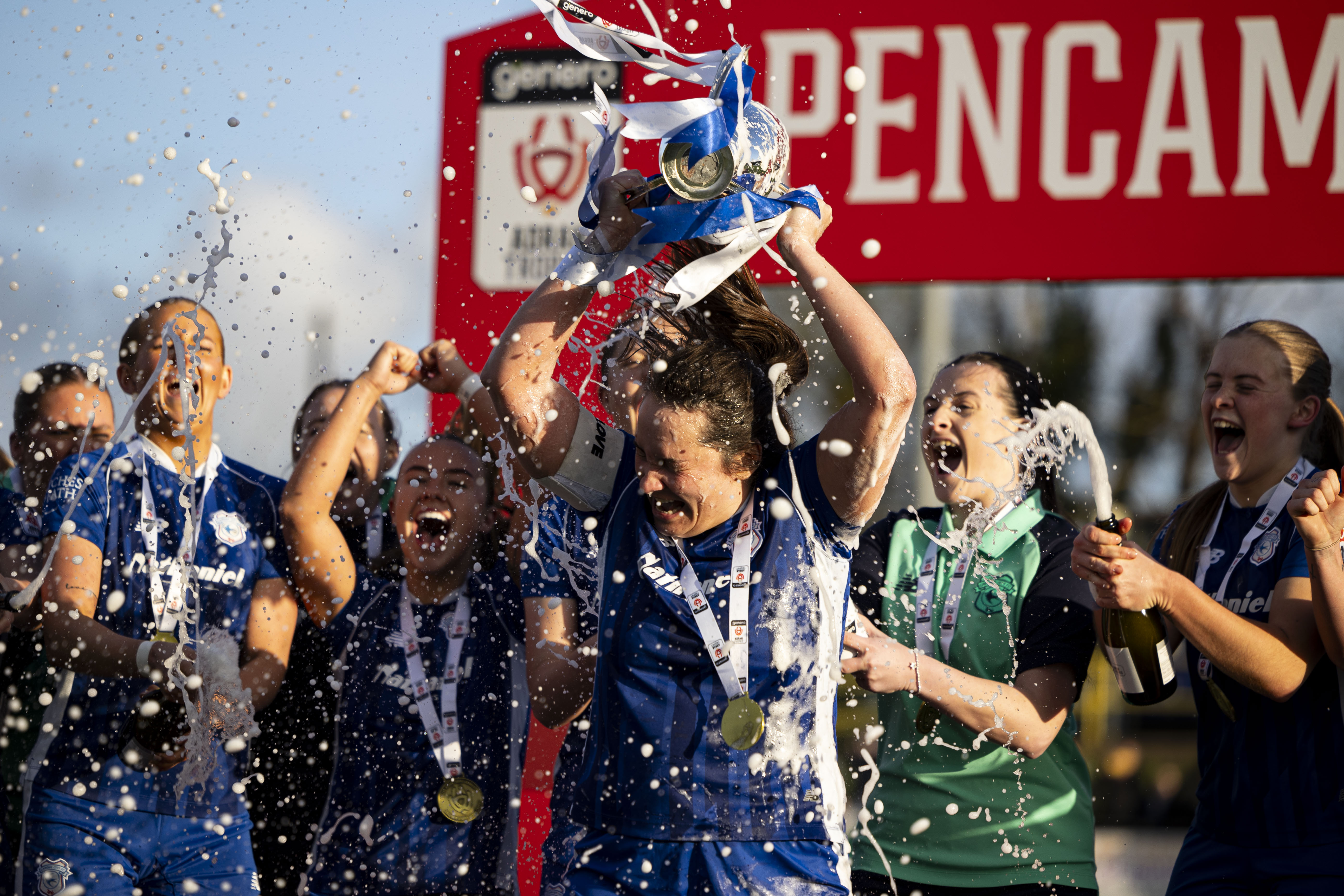 Cardiff City captain Siobhan Walsh lifts the Adran Trophy