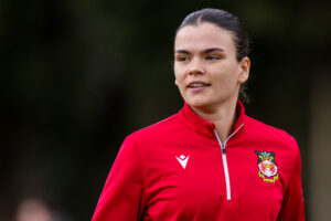 Wrexham Women's Amber Lightfoot during the 2023/24 Genero Adran Premier Championship fixture between Swansea City Women FC & Wrexham Women AFC at Llandarcy Academy of Sport, Swansea, Wales