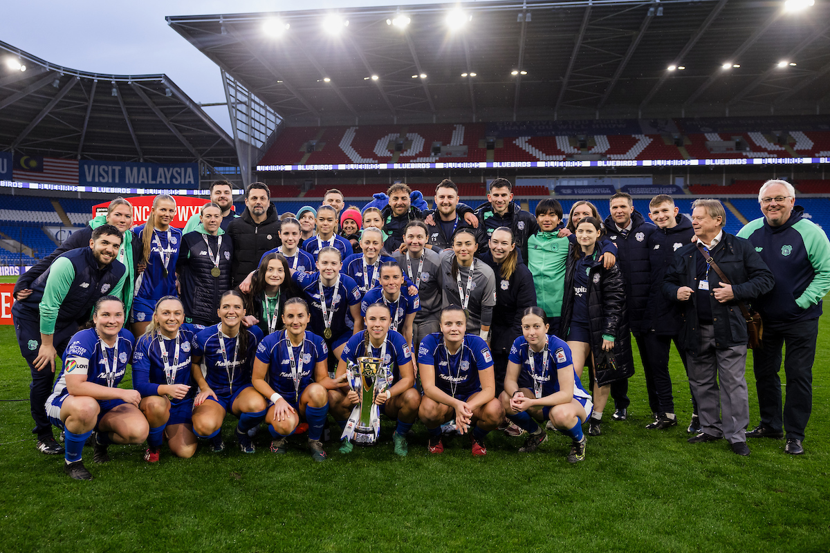 Cardiff celebrate lifting the Adran Premier league trophy during the 2023/24 Genero Adran Premier Championship fixture between Cardiff City Women FC & Wrexham Women AFC at The Cardiff City Stadium, Wales