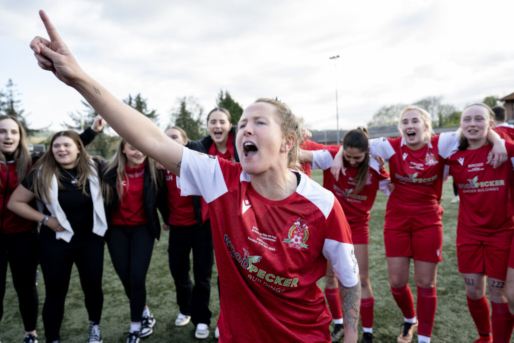 Laura-May Walkley celebrates after winning promotion with Adran South side Briton Ferry