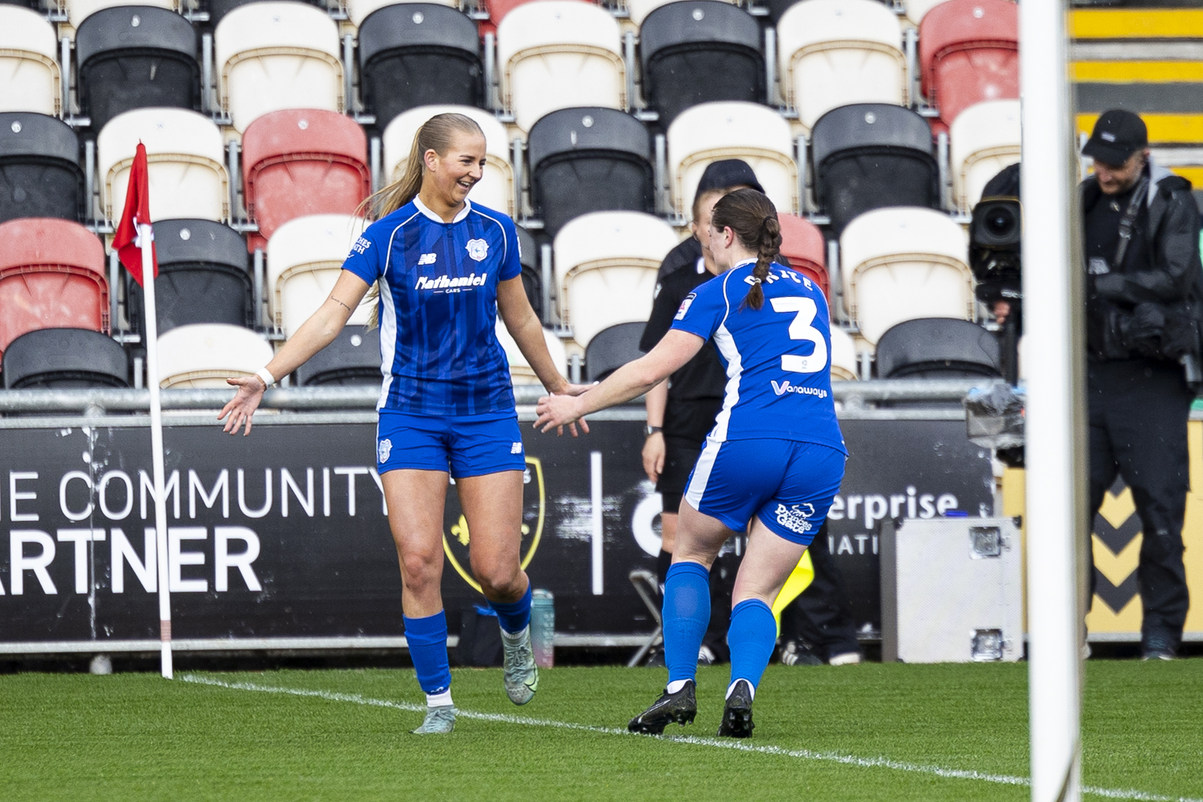 Rhianne Oakley celebrates scoring for Cardiff City in the Welsh Cup final