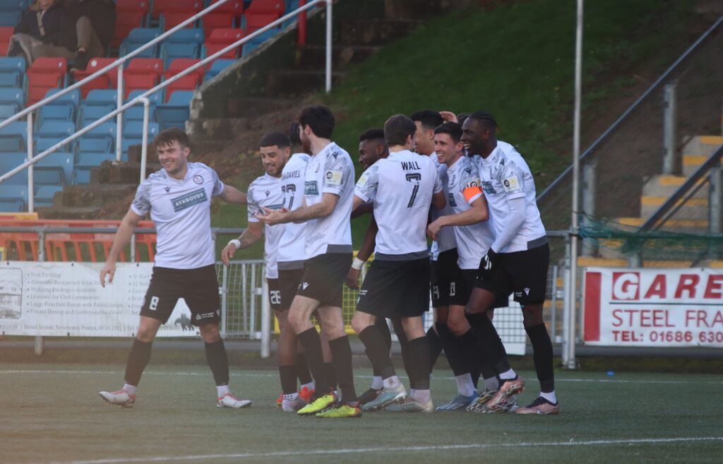 Bala Town celebrate a goal against Newtown