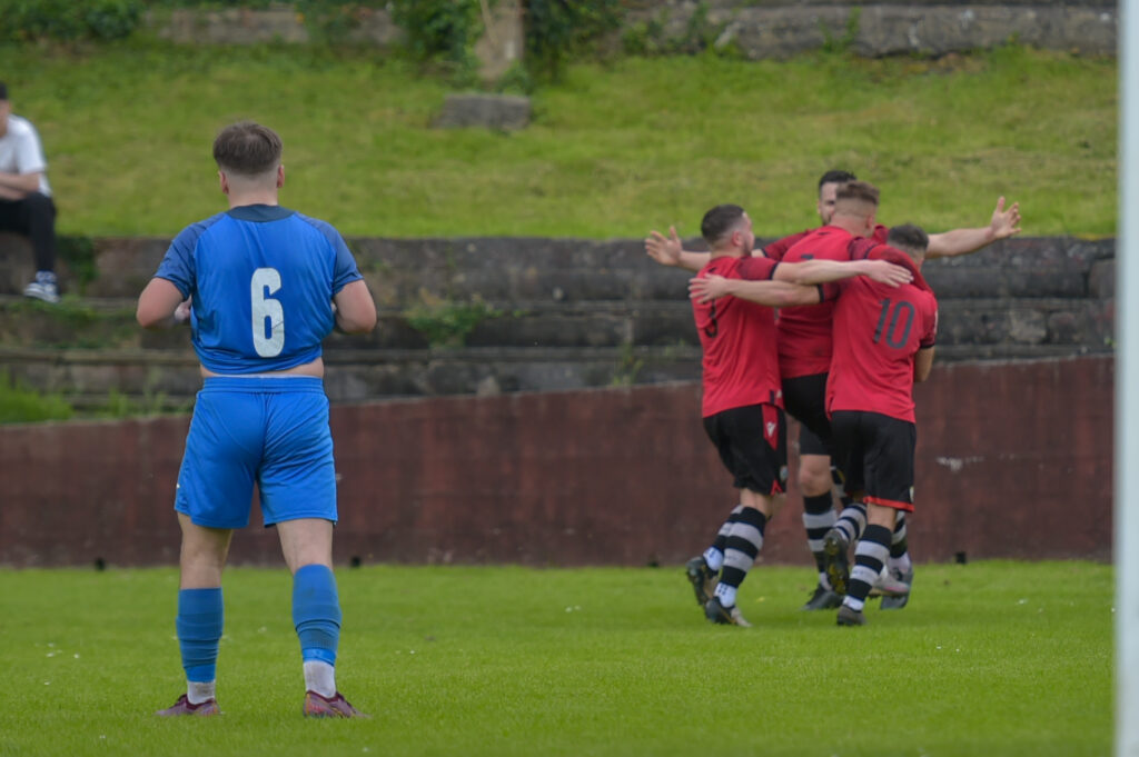 Penrhiwceiber Rangers celebrate after Joseph Jenkins goal against Seven Sisters Onllwyn in the Ardal South West.