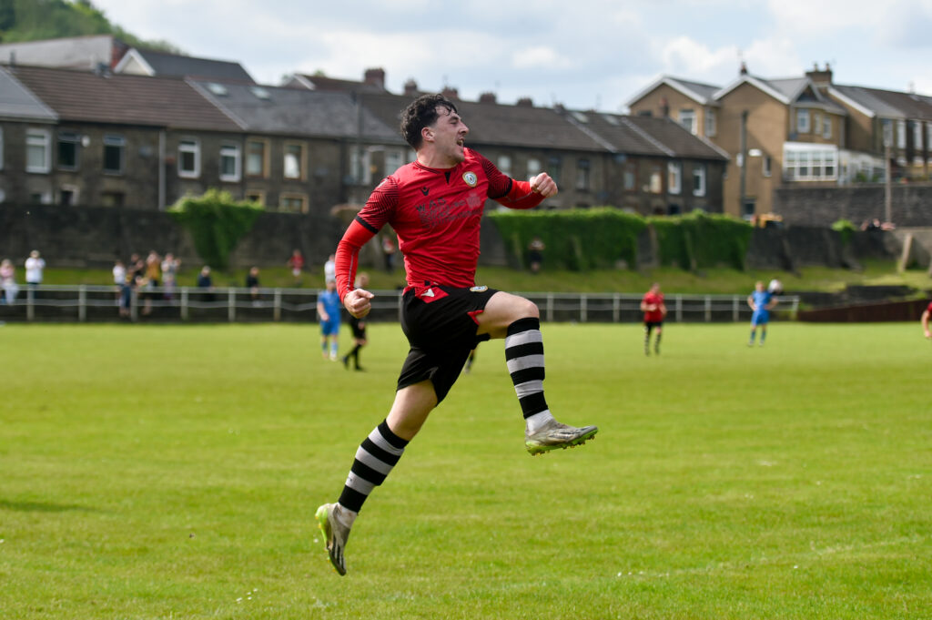 Owen Orford celebrates after scoring for Penrhiwceiber Rangers against Seven Sisters Onllwyn in the Ardal South West.