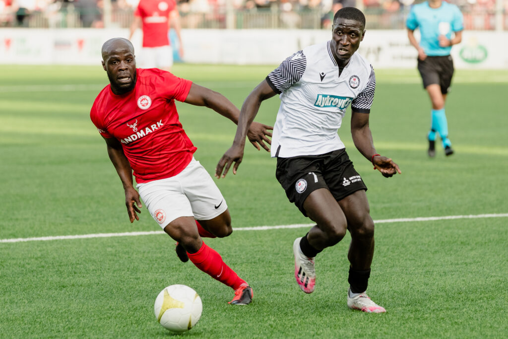 OSWESTRY, ENGLAND - 08 JULY 2021: Bala Town's Lassana Mendes during the UEFA Conference League first qualifying round fixture between Cymru premier’s, Bala Town FC & Northern Irelands, Larne FC at TNS Park Hall, Oswestry, England (Pic by John Smith/FAW)