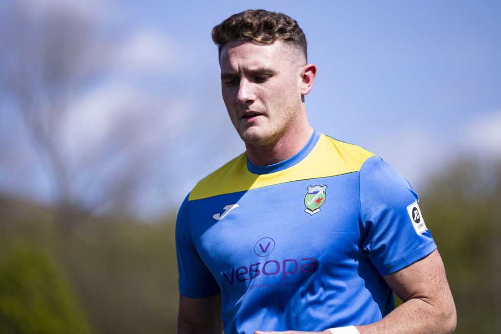 BAGLAN, WALES - 20TH APRIL 2024: 
Tyler Aylward of Pontardawe Town in action.
Baglan Dragons v Pontardawe Town in the JD Cymru South at Evans Bevans Playing Fields on the 20th April 2024.