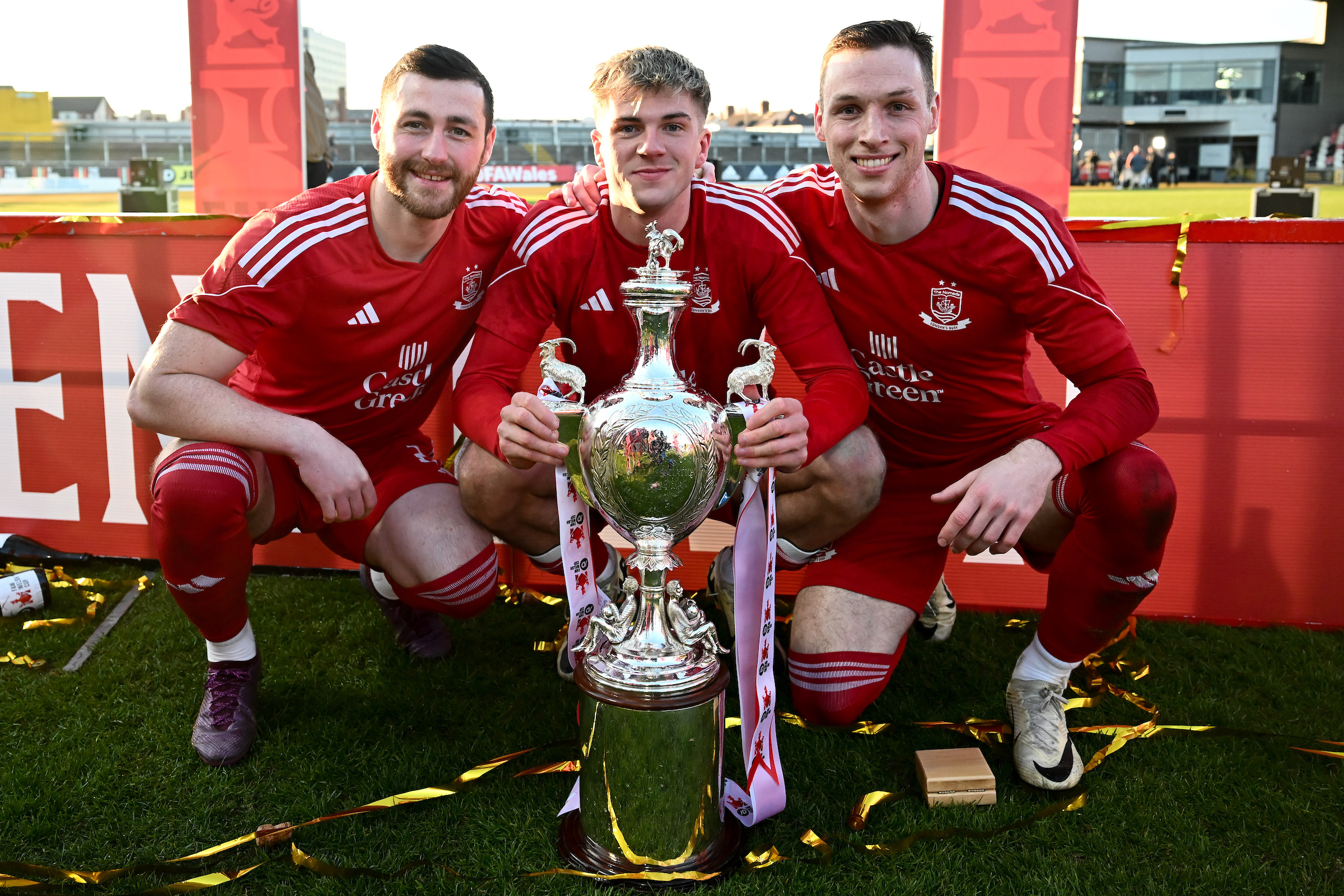 NEWPORT, WALES - 28 APRIL 2024: Connah's Quay Nomads celebrate at full time during 2023/24 JD FAW Welsh Cup Final fixture between Connah's Quay Nomads F.C & The New Saints F.C at Rodney Parade, Newport, Wales. (Pic By Ashley Crowden/FAW)