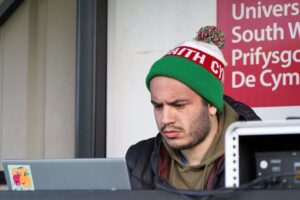 Sion Misra at Welsh football ground USW Sport Park, the home of Pontypridd United. 