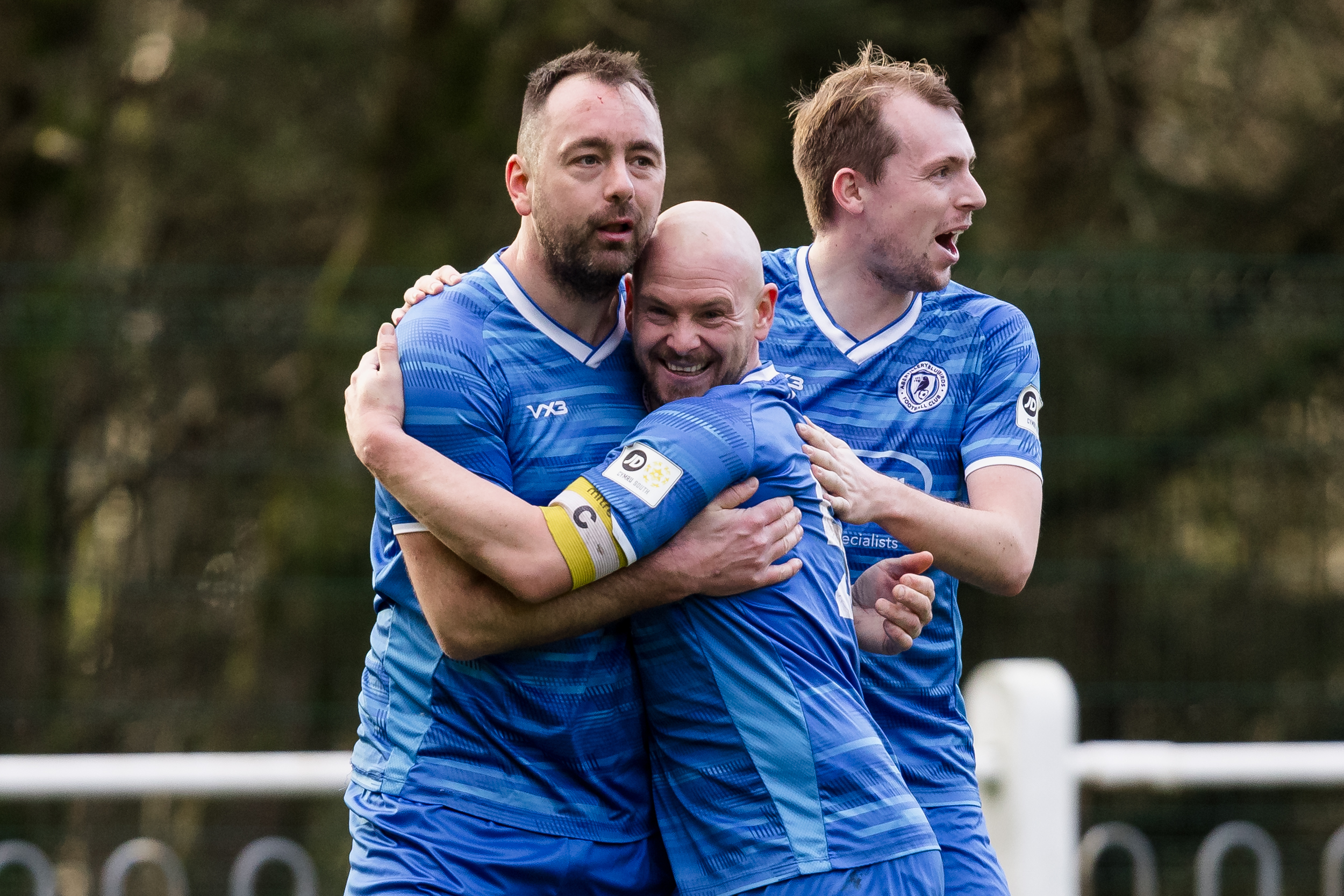 Abertillery's Michael Vagg scores and celebrates during the 2023/24 JD Cymru South League fixture between Abertillery Bluebirds F.C & Taffs Well FC at Cwm Nant Y Groes, Abertillery, Wales