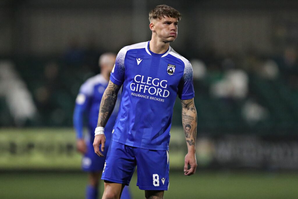 Haverfordwest's Kai Whitmore during Aberystwyth Town vs Haverfordwest County in Round 23 of the JD Cymru Premier Phase 2 Playoff Conference at Park Avenue, Aberystwyth