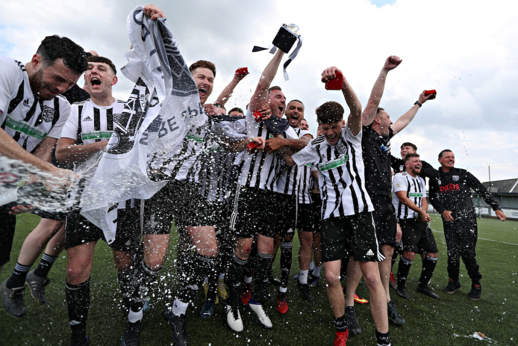 Llay celebrate after Llay Welfare FC vs CPD Llanuwchllyn in the Lock Stock Ardal League Northern Playoff Final at Maes Tegid, Bala 