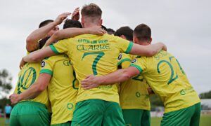 Caernarfon celebrate their second goal during Caernarfon Town vs Crusaders FC in the UEFA Europa Conference League First qualifying round at Nantporth Stadium, Bangor