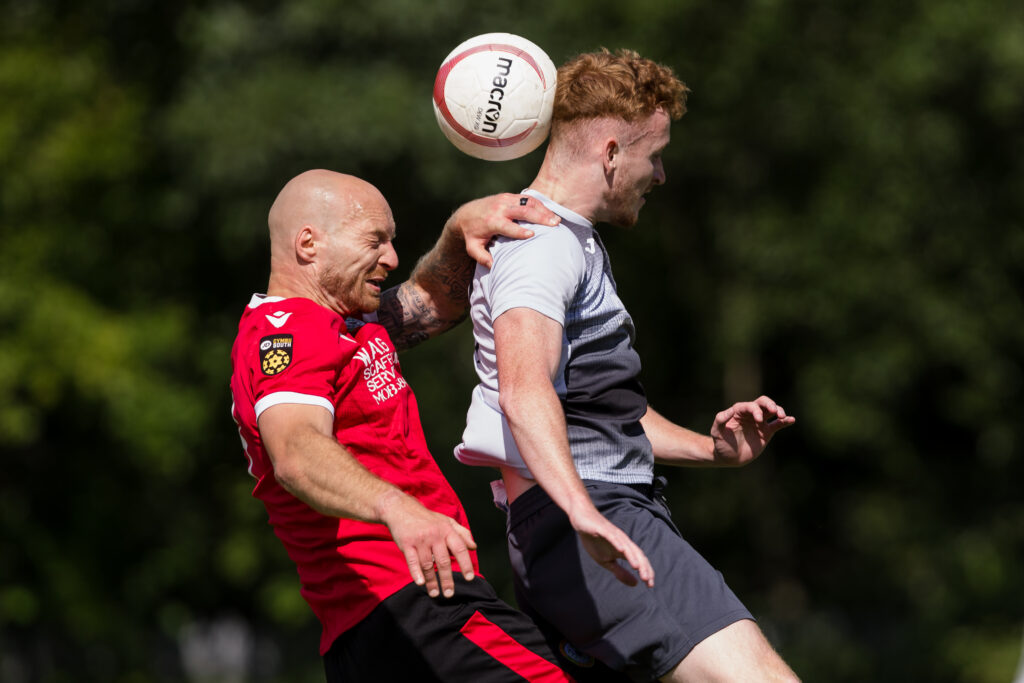 PENRHIWCEIBER, WALES - 27 JULY 2024: Penrhiwceiber's Jonathan Mcmenemy during the 2024/25 JD Cymru South League fixture between Penrhiwceiber Rangers and Baglan Dragons